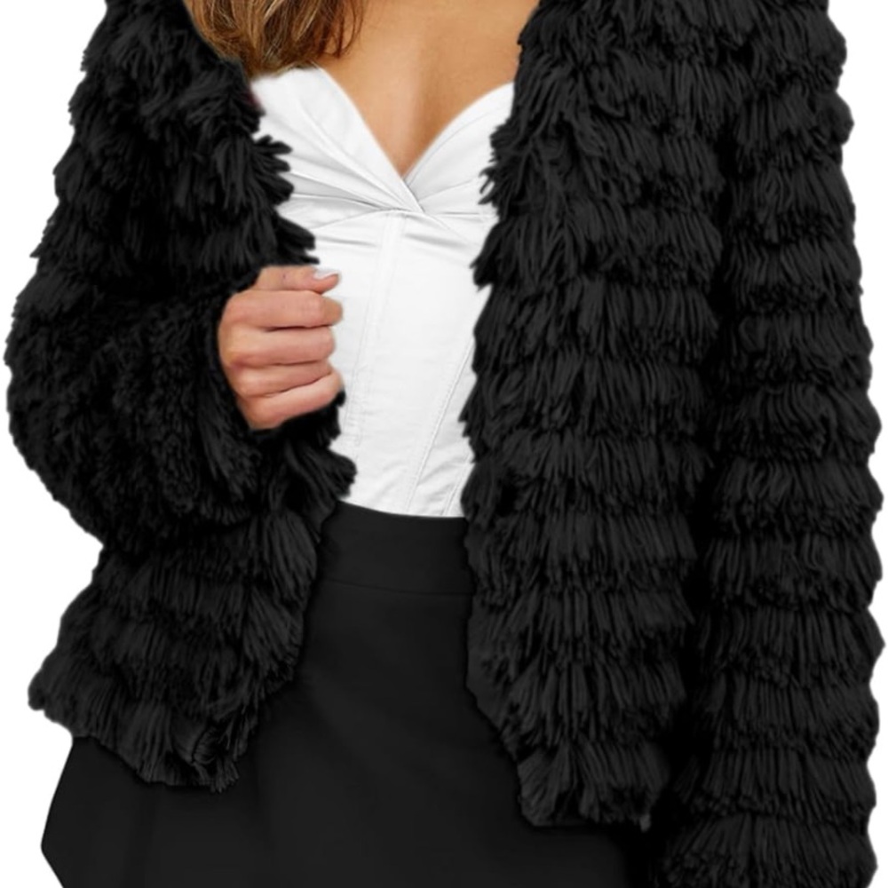 Black Women's Faux Fur Jacket Women's Solid Color Shaggy Faux Fur Coat Jacket - Picture 5 of 6